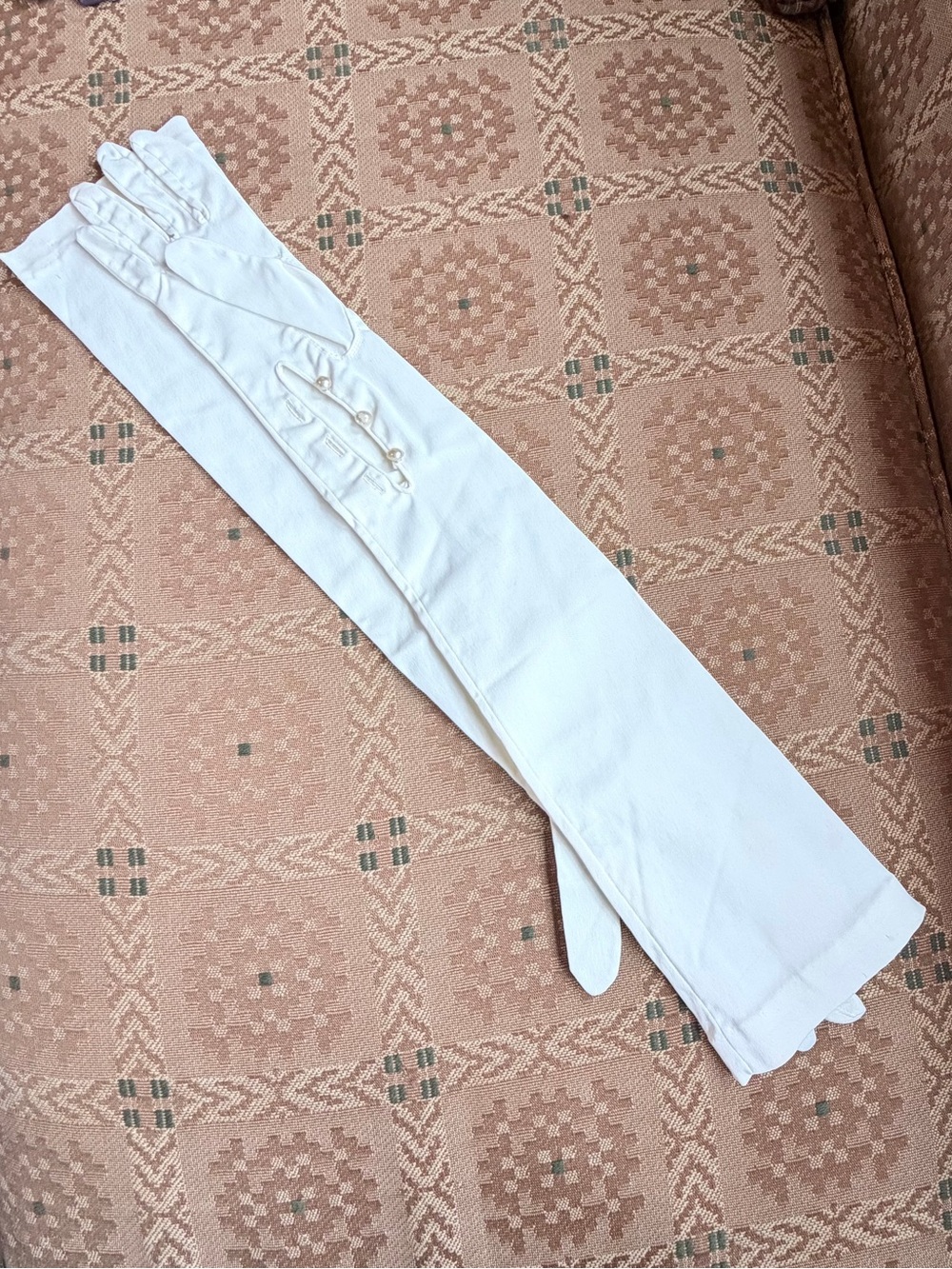 Vintage 22” White Opera Gloves with Faux Pearl Buttons – Formal Bridal Costume